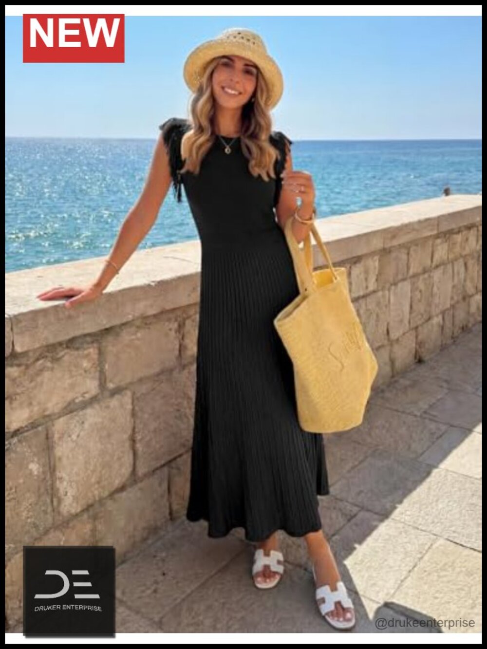 Sleeveless Fringe A-Line Pleated Midi Dress Ribbed Knit - Picture 2 of 6